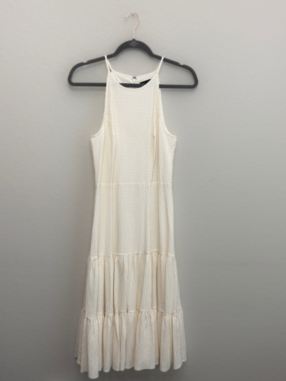Tommy Hilfiger Ivory Tiered Midi Dress Sz 8 High Neck Sleeveless Textured